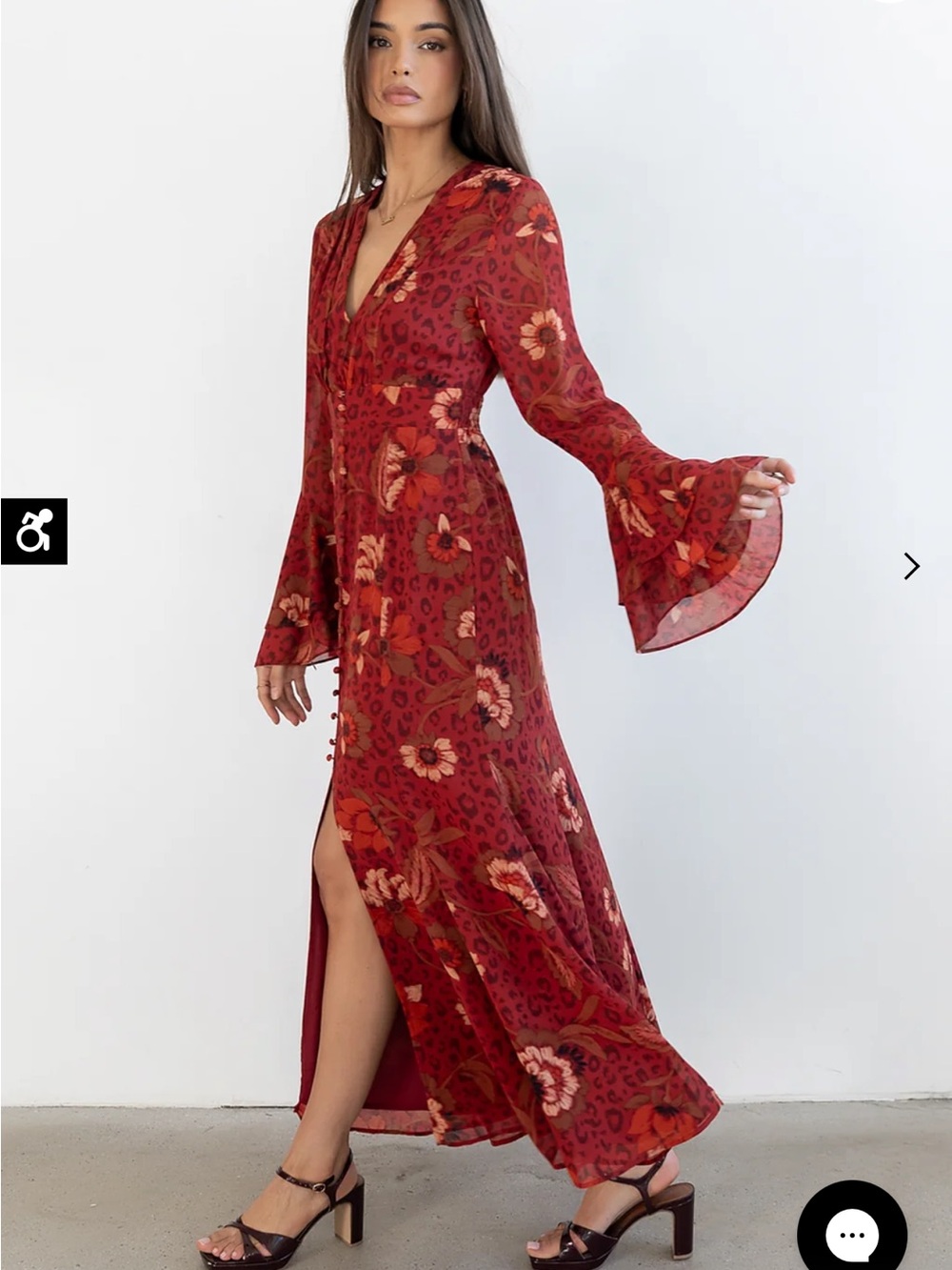 Bohme Red Floral Long Sleeve Maxi Dress with Bell Sleeves